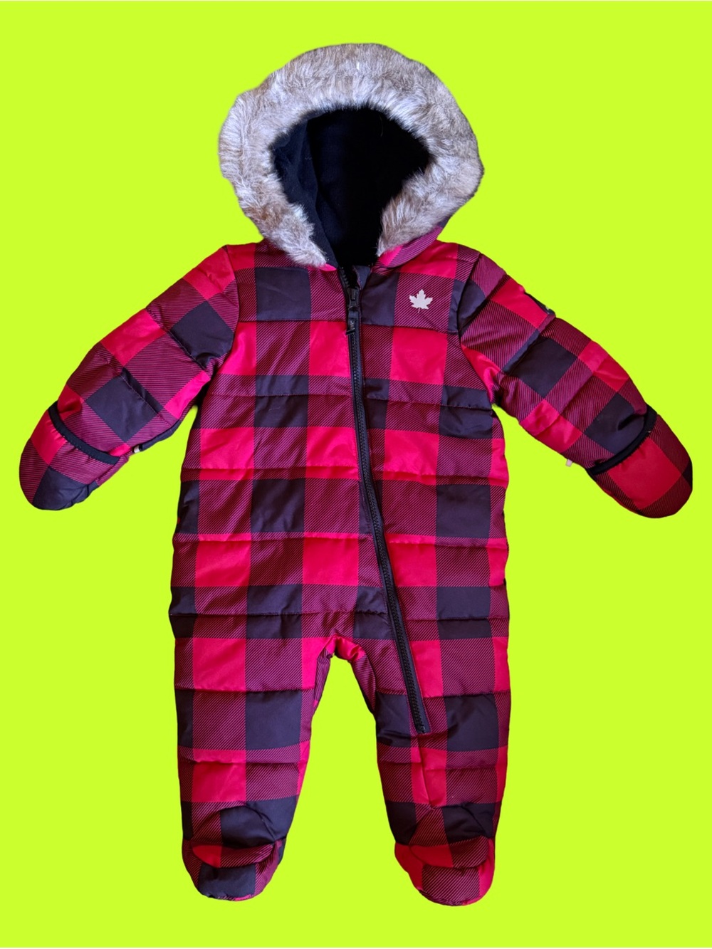 Canadiana Baby Buffalo Plaid Pram Snowsuit 6-12M Fold-Over Mitts